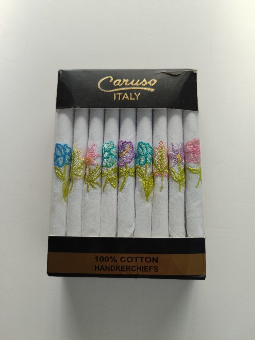 Caruso Italy Vintage Style Floral Embroidered Cotton Handkerchief Set of 10